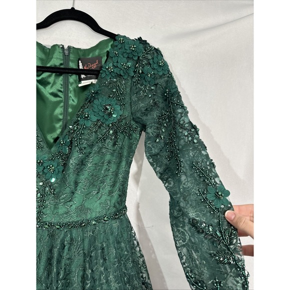 NWT Mac Duggal [ 2 ] 11215 Floral Embellished Long Sleeve ALine Gown Green J2059 - Picture 6 of 16